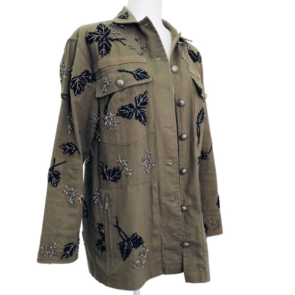 The Kooples Paris Designer Beaded Embroidered Green Parka Coat Women's Jacket S - Picture 4 of 11